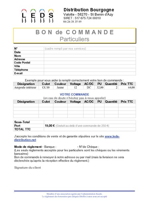 Cliquer pour charger notre bon de commande d'ampoules LEDs